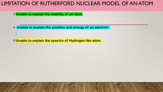 LIMITATION OF RUTHERFORD NUCLEAR MODEL OF AN ATOM
Unable to explain the stability of an atom.
 Unable to explain the position and energy of an electron.
Unable to explain the spectra of Hydrogen like atom.
 