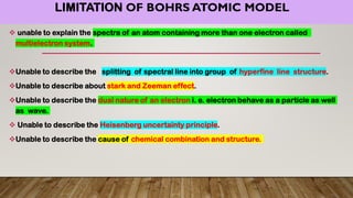 LIMITATION OF BOHRS ATOMIC MODEL
 unable to explain the spectra of an atom containing more than one electron called
multielectron system.
Unable to describe the splitting of spectral line into group of hyperfine line structure.
Unable to describe about stark and Zeeman effect.
Unable to describe the dual nature of an electron i. e. electron behave as a particle as well
as wave.
 Unable to describe the Heisenberg uncertainty principle.
Unable to describe the cause of chemical combination and structure.
 