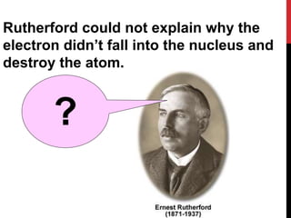 Rutherford could not explain why the
electron didn’t fall into the nucleus and
destroy the atom.
?
 