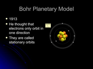 Bohr Planetary Model 1913 He thought that electrons only orbit in one direction They are called stationary orbits 