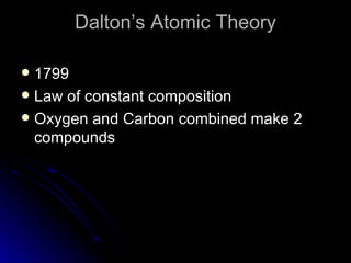 Dalton’s Atomic Theory 1799 Law of constant composition  Oxygen and Carbon combined make 2 compounds  