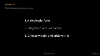 THE CONNECTIONSAGENCY
TECHNICAL
The steps to getting the most value
1.A single platform
2. Integration with 3rd parties
3. Choose wisely, and stick with it
THE CONNECTIONSAGENCY
 