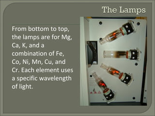 From bottom to top,
the lamps are for Mg,
Ca, K, and a
combination of Fe,
Co, Ni, Mn, Cu, and
Cr. Each element uses
a specific wavelength
of light.
 