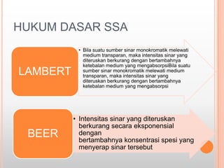 HUKUM DASAR SSA

LAMBERT

BEER

• Bila suatu sumber sinar monokromatik melewati
medium transparan, maka intensitas sinar yang
diteruskan berkurang dengan bertambahnya
ketebalan medium yang mengabsorpsiBila suatu
sumber sinar monokromatik melewati medium
transparan, maka intensitas sinar yang
diteruskan berkurang dengan bertambahnya
ketebalan medium yang mengabsorpsi

• Intensitas sinar yang diteruskan
berkurang secara eksponensial
dengan
bertambahnya konsentrasi spesi yang
menyerap sinar tersebut

 