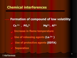 Chemical interferences


  ----- Formation of compound of low volatility

           Ca 2+ ， PO43-           Mg2+, Al3+

            Increase in flame temperature
        
            Use of releasing agents (La 3+ )
        
             Use of protective agents (EDTA)
        
            Separation

                                                  49
I nterferences
 