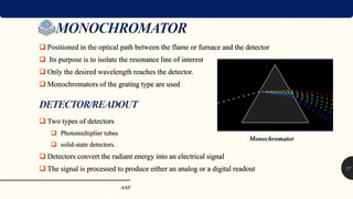  Positioned in the optical path between the flame or furnace and the detector
 Its purpose is to isolate the resonance line of interest
 Only the desired wavelength reaches the detector.
 Monochromators of the grating type are used
 Two types of detectors
 Photomultiplier tubes
 solid-state detectors.
 Detectors convert the radiant energy into an electrical signal
 The signal is processed to produce either an analog or a digital readout
AAS
17
Monochromator
 