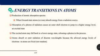 AAS
5
 Production of atomic absorption spectra:
 When Ground state atoms (or ions) absorb energy from a radiation source.
 Absorption of a photon of radiation causes an outer shell electron to jump to a higher energy level,
an excited state
 The excited atom may fall back to a lower energy state, releasing a photon in the process.
 Atoms absorb or emit radiation of discrete wavelengths because the allowed energy levels of
electrons in atoms are fixed (not random).
 
