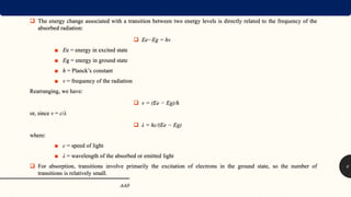 AAS
6
 The energy change associated with a transition between two energy levels is directly related to the frequency of the
absorbed radiation:
 Ee−Eg = hν
■ Ee = energy in excited state
■ Eg = energy in ground state
■ h = Planck’s constant
■ ν = frequency of the radiation
Rearranging, we have:
 ν = (Ee − Eg)/h
or, since ν = c/λ
 λ = hc/(Ee − Eg)
where:
■ c = speed of light
■ λ = wavelength of the absorbed or emitted light
 For absorption, transitions involve primarily the excitation of electrons in the ground state, so the number of
transitions is relatively small.
 