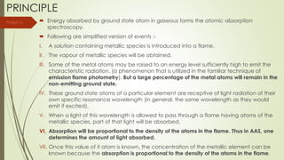 PRINCIPLE
 Energy absorbed by ground state atom in gaseous forms the atomic absorption
spectroscopy.
 Following are simplified version of events :-
I. A solution containing metallic species is introduced into a flame.
II. The vapour of metallic species will be obtained.
III. Some of the metal atoms may be raised to an energy level sufficiently high to emit the
characteristic radiation. (a phenomenon that is utilized in the familiar technique of
emission flame photometry). But a large percentage of the metal atoms will remain in the
non-emitting ground state.
IV. These ground state atoms of a particular element are receptive of light radiation of their
own specific resonance wavelength (in general, the same wavelength as they would
emit if excited).
V. When a light of this wavelength is allowed to pass through a flame having atoms of the
metallic species, part of that light will be absorbed.
VI. Absorption will be proportional to the density of the atoms in the flame. Thus in AAS, one
determines the amount of light absorbed.
VII. Once this value of it atom is known, the concentration of the metallic element can be
known because the absorption is proportional to the density of the atoms in the flame.
Parijat S.
 