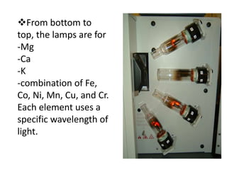 From bottom to
top, the lamps are for
-Mg
-Ca
-K
-combination of Fe,
Co, Ni, Mn, Cu, and Cr.
Each element uses a
specific wavelength of
light.
 