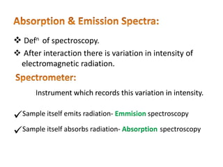  Defn of spectroscopy.
 After interaction there is variation in intensity of
electromagnetic radiation.
Instrument which records this variation in intensity.
Sample itself emits radiation- Emmision spectroscopy
Sample itself absorbs radiation- Absorption spectroscopy
 