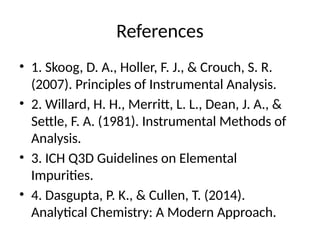 References
• 1. Skoog, D. A., Holler, F. J., & Crouch, S. R.
(2007). Principles of Instrumental Analysis.
• 2. Willard, H. H., Merritt, L. L., Dean, J. A., &
Settle, F. A. (1981). Instrumental Methods of
Analysis.
• 3. ICH Q3D Guidelines on Elemental
Impurities.
• 4. Dasgupta, P. K., & Cullen, T. (2014).
Analytical Chemistry: A Modern Approach.
 