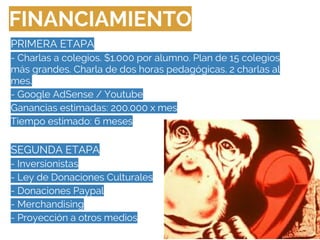 PRIMERA ETAPA
- Charlas a colegios. $1.000 por alumno. Plan de 15 colegios
más grandes. Charla de dos horas pedagógicas. 2 charlas al
mes.
- Google AdSense / Youtube
Ganancias estimadas: 200.000 x mes
Tiempo estimado: 6 meses
SEGUNDA ETAPA
- Inversionistas
- Ley de Donaciones Culturales
- Donaciones Paypal
- Merchandising
- Proyección a otros medios
FINANCIAMIENTO
 