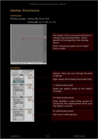 Simplified tutorial: Massive explosion - Blender



Meshes: Shockwave
Animation
IPO keys (scale): Frame 100 : X,Y,Z = 0.0
                  Frame 500 : X, Y = 2.0 ; Z = 1.5




                                                   The shape of the curves are important, it
                                                   will give the damping effect : Quick
                                                   growth at the begining, then slowing
                                                   down
                                                   Note : Shockwave grew less in height
                                                   than in width




Modifiers

                                                   Subsurf : Here you can change the level
                                                   of details.
                                                   High values will increase the render time


                                                   1st deformation level:
                                                   Make the global shape of the object
                                                   changes


                                                   2nd deformation level:
                                                   More detailed. I used vertex groups to
                                                   randomize the displacement level over
                                                   the object’s surface.

                                                   3rd deformation level:
                                                   Also use of vertex groups




Fweibel.com                              5/12                               ©2008 Fweibel
 