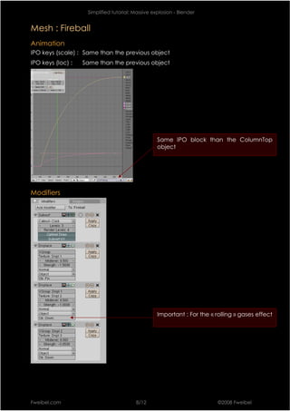 Simplified tutorial: Massive explosion - Blender


Mesh : Fireball
Animation
IPO keys (scale) : Same than the previous object
IPO keys (loc) :   Same than the previous object




                                                   Same IPO block than the ColumnTop
                                                   object




Modifiers




                                                   Important : For the « rolling » gases effect




Fweibel.com                              8/12                             ©2008 Fweibel
 