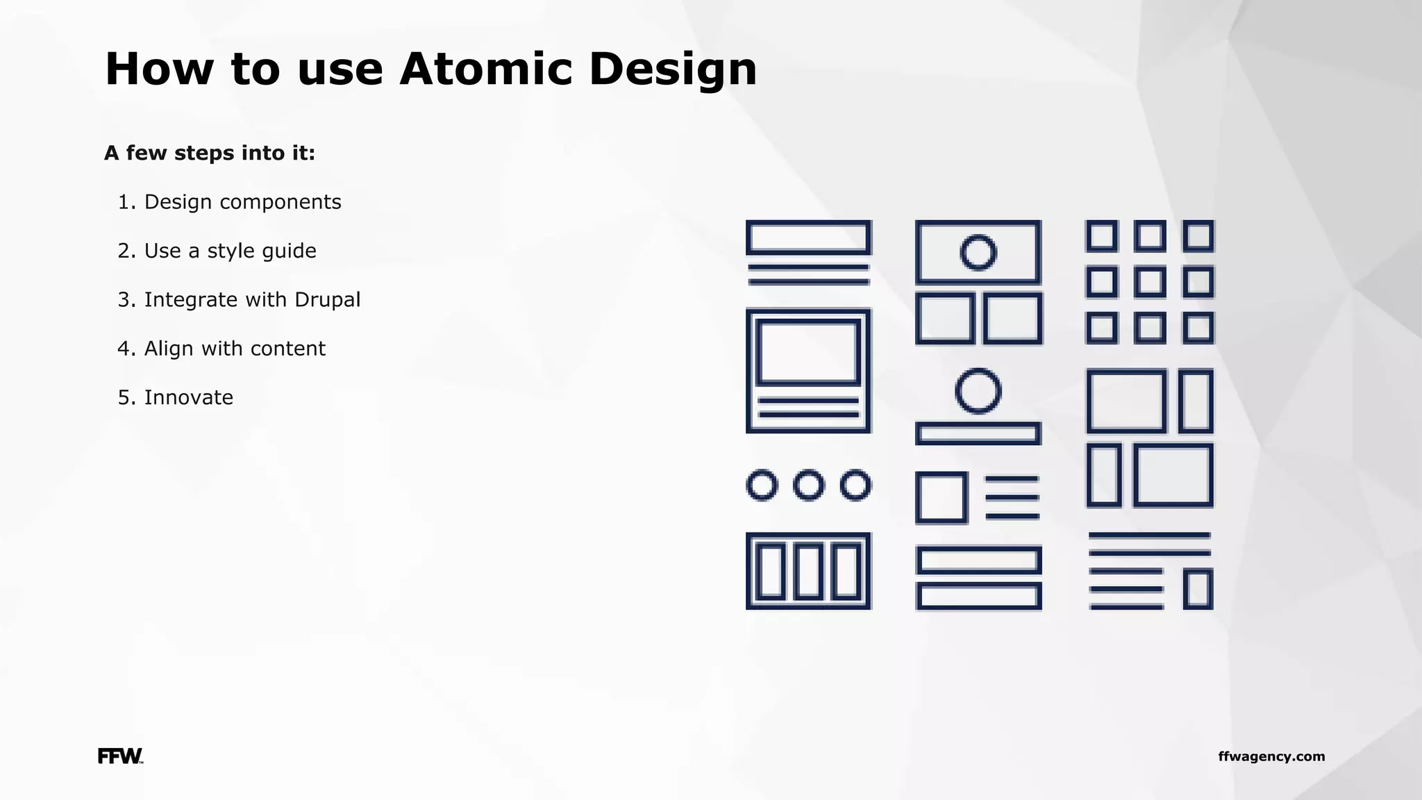 ffwagency.com
How to use Atomic Design
A few steps into it:
1. Design components
2. Use a style guide
3. Integrate with Drupal
4. Align with content
5. Innovate
 
