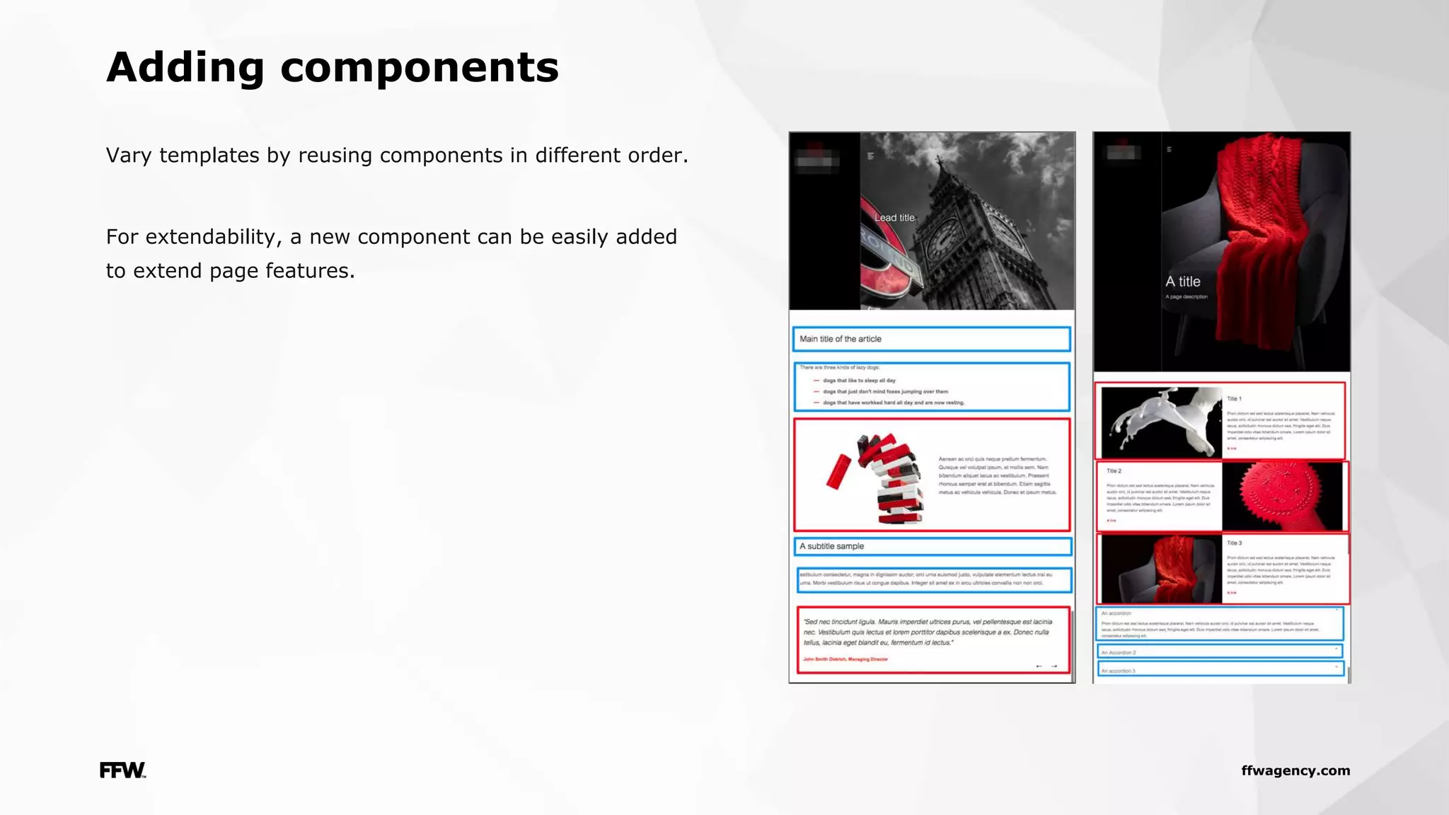 ffwagency.com
Adding components
Vary templates by reusing components in different order.
For extendability, a new component can be easily added
to extend page features.
 