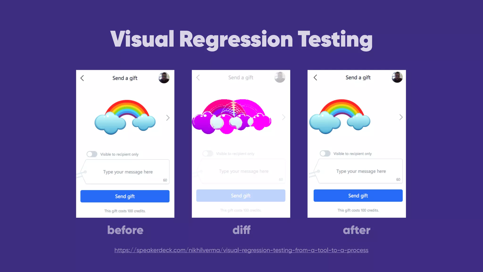 Visual Regression Testing
diff afterbefore
https://speakerdeck.com/nikhilverma/visual-regression-testing-from-a-tool-to-a-process
 
