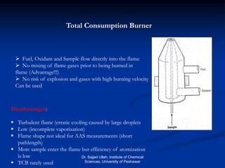 Total Consumption Burner
 Fuel, Oxidant and Sample flow directly into the flame
 No mixing of flame gases prior to being burned in
flame (Advantage!!!)
 No risk of explosion and gases with high burning velocity
Can be used
Disadvantages:
 Turbulent flame (erratic cooling caused by large droplets
 Low (incomplete vaporization)
 Flame shape not ideal for AAS measurements (short
pathlength)
 More sample enter the flame but efficiency of atomization
is low
 TCB rarely used
Dr. Sajjad Ullah, Institute of Chemical
Sciences, University of Peshawar
 