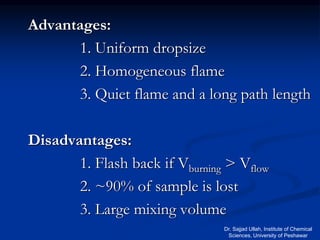 Advantages:
1. Uniform dropsize
2. Homogeneous flame
3. Quiet flame and a long path length
Disadvantages:
1. Flash back if Vburning > Vflow
2. ~90% of sample is lost
3. Large mixing volume
Dr. Sajjad Ullah, Institute of Chemical
Sciences, University of Peshawar
 