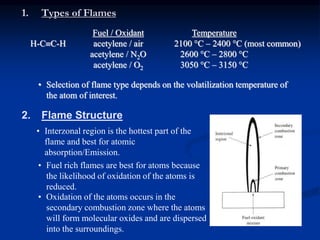 1. Types of Flames
Fuel / Oxidant Temperature
H-CC-H acetylene / air 2100 °C – 2400 °C (most common)
acetylene / N2O 2600 °C – 2800 °C
acetylene / O2 3050 °C – 3150 °C
• Selection of flame type depends on the volatilization temperature of
the atom of interest.
2. Flame Structure
• Interzonal region is the hottest part of the
flame and best for atomic
absorption/Emission.
• Fuel rich flames are best for atoms because
the likelihood of oxidation of the atoms is
reduced.
• Oxidation of the atoms occurs in the
secondary combustion zone where the atoms
will form molecular oxides and are dispersed
into the surroundings.
 
