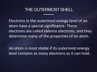 Electrons in the outermost energy level of an
atom have a special significance. These
electrons are called valence electrons, and they
determine many of the properties of an atom.
An atom is most stable if its outermost energy
level contains as many electrons as it can hold.
THE OUTERMOST SHELL
 