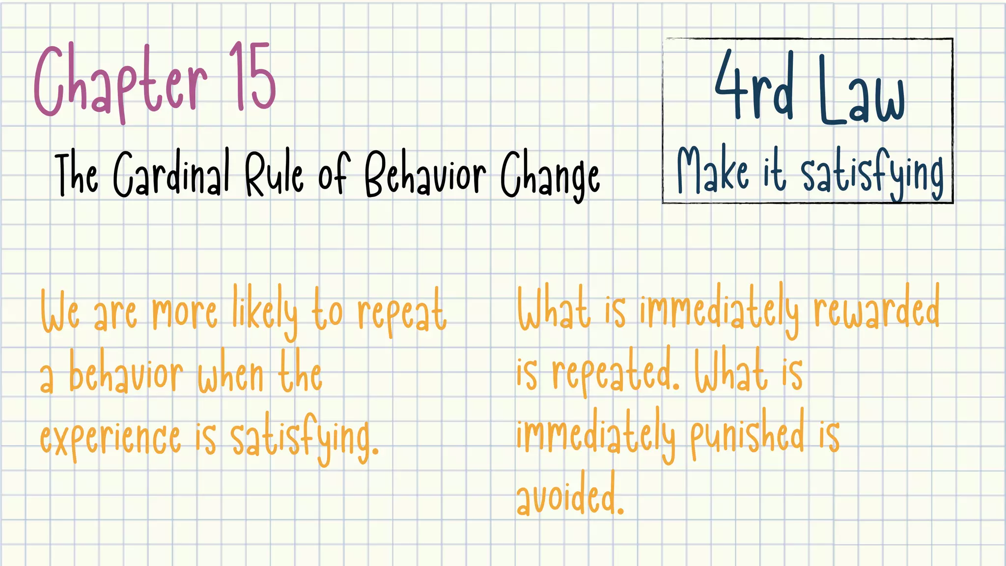 Chapter 15
The Cardinal Rule of Behavior Change
4rd Law

Make it satisfying
We are more likely to repeat
a behavior when the
experience is satisfying.
What is immediately rewarded
is repeated. What is
immediately punished is
avoided.
 