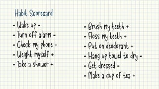 Habit Scorecard
= Wake up = 

= Turn off alarm = 

= Check my phone - 

= Weight myself +

= Take a shower +
= Brush my teeth +

= Floss my teeth +

= Put on deodorant + 

= Hang up towel to dry =

= Get dressed =

= Make a cup of tea +
 