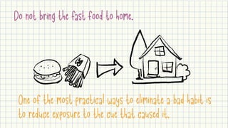 One of the most practical ways to eliminate a bad habit is
to reduce exposure to the cue that caused it.
Do not bring the fast food to home.
 