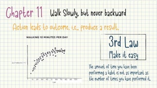 Chapter 11 Walk Slowly, but never backward
Action leads to outcome. i.e., produce a result.
3rd Law

Make it easy
The amount of time you have been
performing a habit is not as important as
the number of times you have performed it.
 