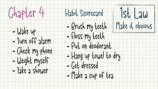 Chapter 4 Habit Scorecard
= Wake up

= Turn off alarm

= Check my phone

= Weight myself

= Take a shower
= Brush my teeth

= Floss my teeth

= Put on deodorant

= Hang up towel to dry

= Get dressed

= Make a cup of tea
1st Law

Make it obvious
 