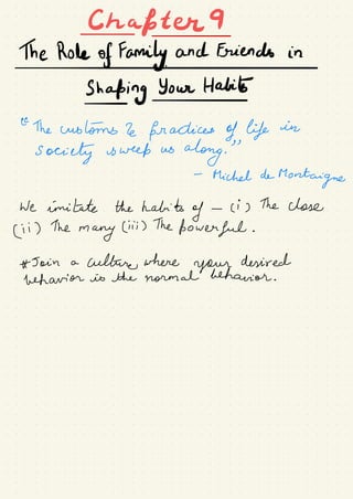 Chafter9
-
The Role of Family and Friends in
I
Shaping Your Habib
-
-
←
The customs 2e practices of life in
Society is week us
along.
"
-
Michel de
Montaigne
We imitate the habits
of -
ci ) The close
← i ) The
many
Ciii ) The
powerful .
* Join a
culture where
your
desired
behavior is the normal behavior .
 