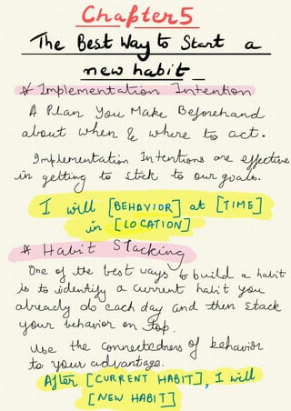 Chapters
TheBestwg.ES#ne-whabitt-2onplementahionTntentio
A Plan You Make Beforehand
about when 2 where to act .
9 mflementation Intentions are
effective
in
getting
to stick to our
goals.
Iwilt[BEHAYloR]at[T1ME]Tin#AT0N]Ff
AHabitS1acking#One
of the best
ways to build a habit
is to
identify a current habit you
already do each
day and then stack
your behavior on
top .
use the connectedness
of behavior
to your advantage .
After [ CURRENT HABIT] ,
I will
[NEWHaB,]dGTTEg&p
 