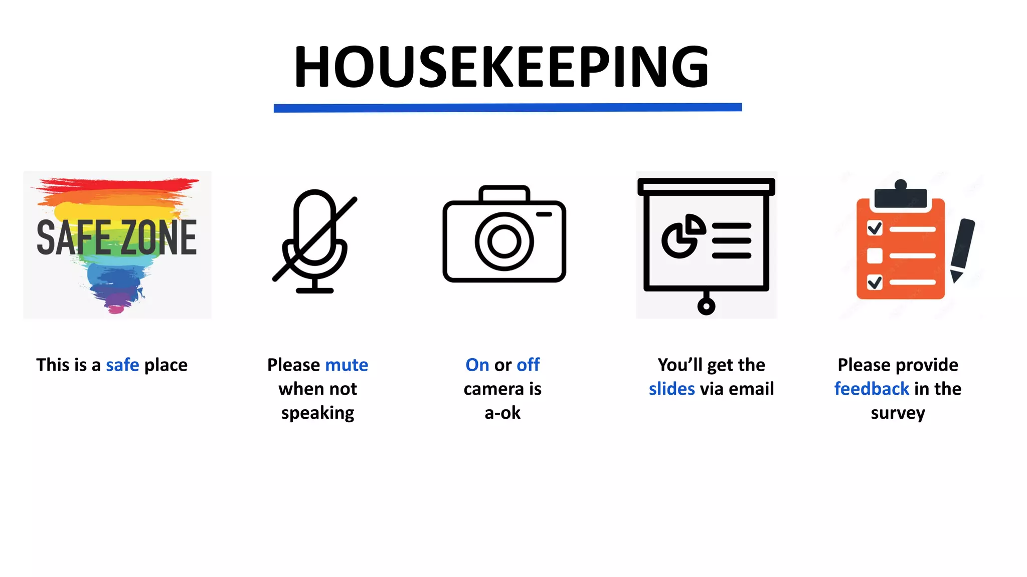 HOUSEKEEPING
You’ll get the
slides via email
Please provide
feedback in the
survey
Please mute
when not
speaking
On or off
camera is
a-ok
This is a safe place
 
