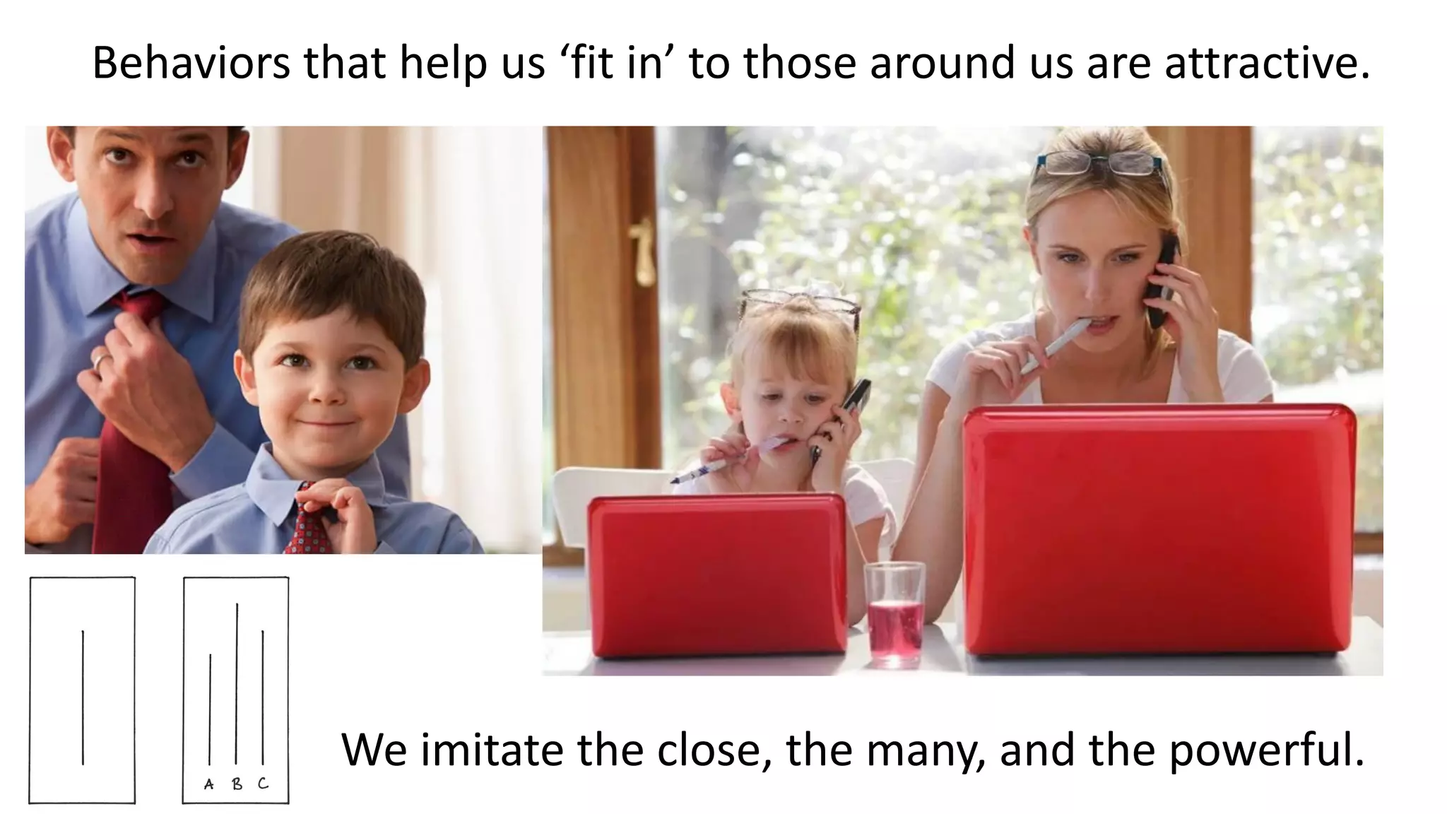 Behaviors that help us ‘fit in’ to those around us are attractive.
We imitate the close, the many, and the powerful.
 
