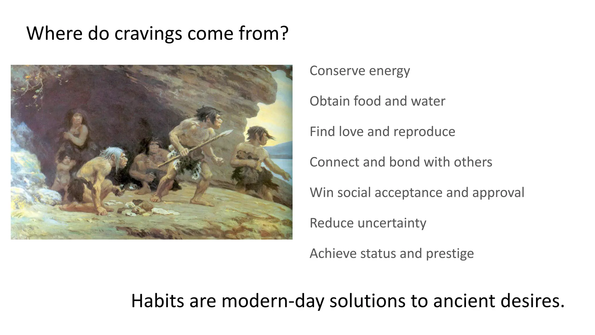 Where do cravings come from?
Conserve energy
Obtain food and water
Find love and reproduce
Connect and bond with others
Win social acceptance and approval
Reduce uncertainty
Achieve status and prestige
Habits are modern-day solutions to ancient desires.
 