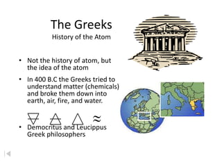 The Greeks
          History of the Atom


• Not the history of atom, but
  the idea of the atom
• In 400 B.C the Greeks tried to
  understand matter (chemicals)
  and broke them down into
  earth, air, fire, and water.


• Democritus and Leucippus
  Greek philosophers
 
