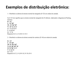 Exemplos de distribuição eletrônica:
1 - Distribuir os elétrons do átomo normal de manganês (Z=25) em ordem de camada.
Se ...