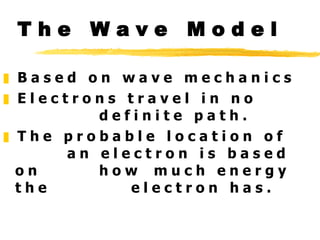 T h e  W a v e  M o d e l B a s e d  o n  w  a v e  m e c h a n i c s  E l e c t r o n s  t r a v e l  i n  n o  d e f i n i t e  p a t h .  T h e  p r o b a b l e  l o c a t i o n  o f  a n  e l e c t r o n  i s  b a s e d  o n  h o w  m u c h  e n e r g y  t h e  e l e c t r o n  h a s . 