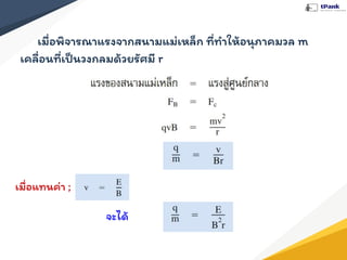 เมื่อพิจารณาแรงจากสนามแม่เหล็ก ที่ทําให้อนุภาคมวล m
เคลื่อนที่เป็นวงกลมด้วยรัศมี r
เมื่อแทนค่า ;
จะได้
 