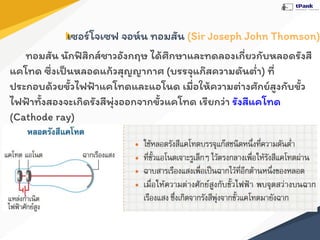 เซอร์โจเซฟ จอห์น ทอมสัน (Sir Joseph John Thomson)
ทอมสัน นักฟิสิกส์ชาวอังกฤษ ได้ศึกษาและทดลองเกี่ยวกับหลอดรังสี
แคโทด ซึ่งเป็นหลอดแก้วสุญญากาศ (บรรจุแก๊สความดันตํ่า) ที่
ประกอบด้วยขั้วไฟฟ้าแคโทดและแอโนด เมื่อให้ความต่างศักย์สูงกับขั้ว
ไฟฟ้าทั้งสองจะเกิดรังสีพุ่งออกจากขั้วแคโทด เรียกว่า รังสีแคโทด
(Cathode ray)
 