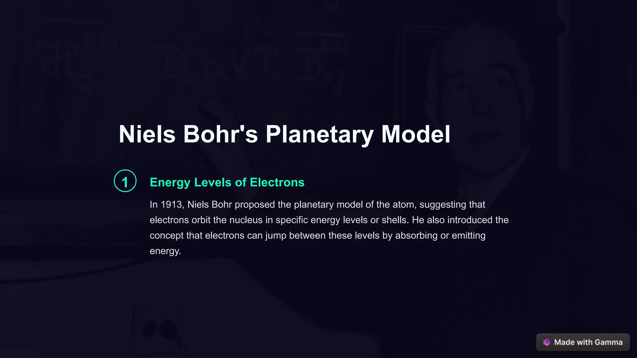 Niels Bohr's Planetary Model
1 Energy Levels of Electrons
In 1913, Niels Bohr proposed the planetary model of the atom, suggesting that
electrons orbit the nucleus in specific energy levels or shells. He also introduced the
concept that electrons can jump between these levels by absorbing or emitting
energy.
 