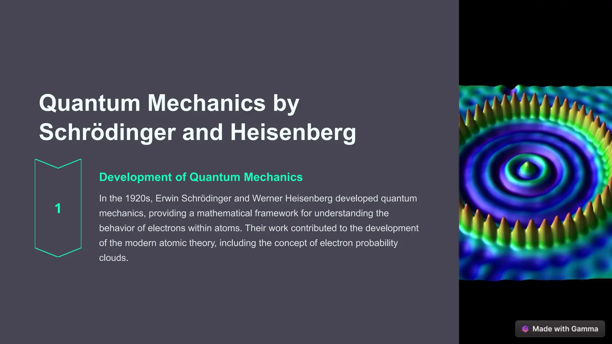 Quantum Mechanics by
Schrödinger and Heisenberg
Development of Quantum Mechanics
In the 1920s, Erwin Schrödinger and Werner Heisenberg developed quantum
mechanics, providing a mathematical framework for understanding the
behavior of electrons within atoms. Their work contributed to the development
of the modern atomic theory, including the concept of electron probability
clouds.
 