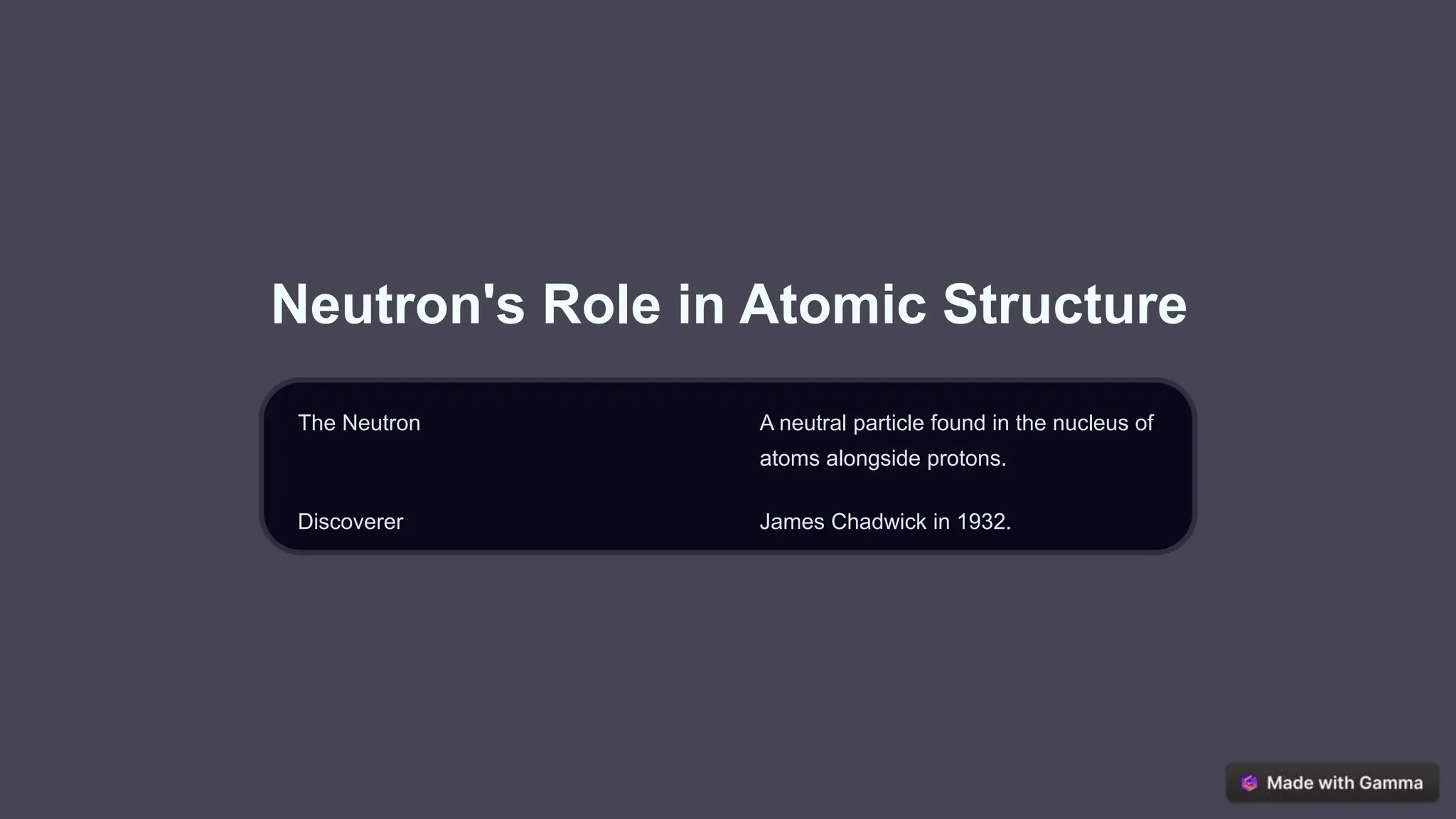 Neutron's Role in Atomic Structure
The Neutron A neutral particle found in the nucleus of
atoms alongside protons.
Discoverer James Chadwick in 1932.
 