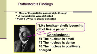 Rutherford’s Findings
#1 The nucleus is small
#2 The nucleus is dense
#3 The nucleus is positively
charged
* Most of the particles passed right through
* A few particles were deflected
* VERY FEW were greatly deflected
“Like howitzer shells bouncing
off of tissue paper!”
Conclusions:
 