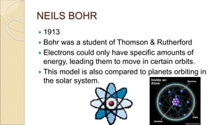 NEILS BOHR
 1913
 Bohr was a student of Thomson & Rutherford
 Electrons could only have specific amounts of
energy, leading them to move in certain orbits.
 This model is also compared to planets orbiting in
the solar system.
 