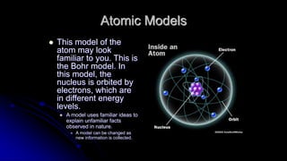 Atomic Models
 This model of the
atom may look
familiar to you. This is
the Bohr model. In
this model, the
nucleus is orbited by
electrons, which are
in different energy
levels.
 A model uses familiar ideas to
explain unfamiliar facts
observed in nature.
 A model can be changed as
new information is collected.
 