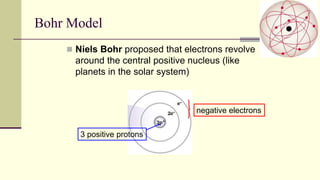 Bohr Model
 Niels Bohr proposed that electrons revolve
around the central positive nucleus (like
planets in the solar system)
negative electrons
3 positive protons
 