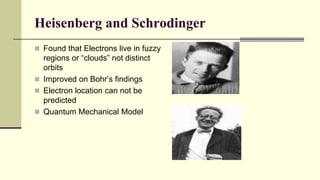 Heisenberg and Schrodinger
 Found that Electrons live in fuzzy
regions or “clouds” not distinct
orbits
 Improved on Bohr’s findings
 Electron location can not be
predicted
 Quantum Mechanical Model
 