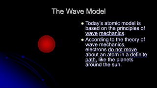 The Wave Model
 Today’s atomic model is
based on the principles of
wave mechanics.
 According to the theory of
wave mechanics,
electrons do not move
about an atom in a definite
path, like the planets
around the sun.
 